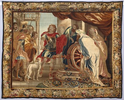 Król Aleksander Wielki przecina węzeł gordyjski. Gobelin wykonany w manufakturze w Brukseli. XVI wiek Genes, Musei di Strada Nuova autorstwa Belgian School