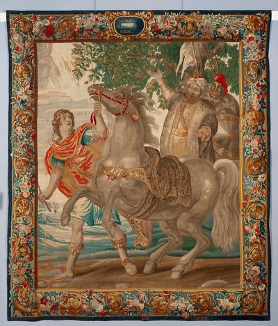 Król Aleksander Wielki ujarzmia konia Bucefała. Gobelin wykonany w manufakturze w Brukseli. XVI wiek Genes, Musei di Strada Nuova autorstwa Belgian School