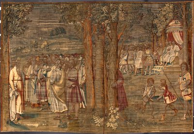 Moise ustanawiający sprawiedliwość Gobelin autorstwa Dionysa Martensza według kartonów Luki Cambiaso (1527-1584) i wykonany w manufakturach Brukseli 1561-1564 wym. 392,5x220,5 cm Genes, Musei di Strada Nuova autorstwa Belgian School