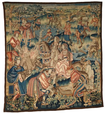 Gobelin przedstawiający sceny po polowaniu na dzika, wędkowaniu itp. lub „Apres la Chasse”, prawdopodobnie z Tournai autorstwa Belgian School