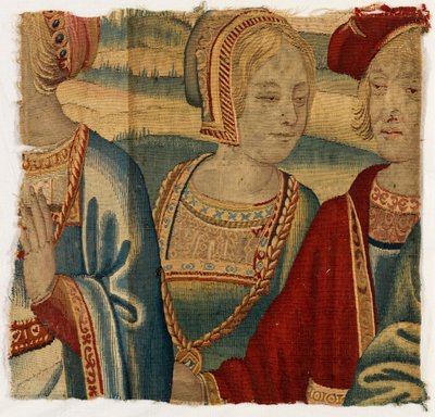 Fragment gobelinu przedstawiający mężczyznę i kobietę, wykonany prawdopodobnie w Brukseli, Belgia, początek XVI w. (wełna i jedwab) autorstwa Belgian School