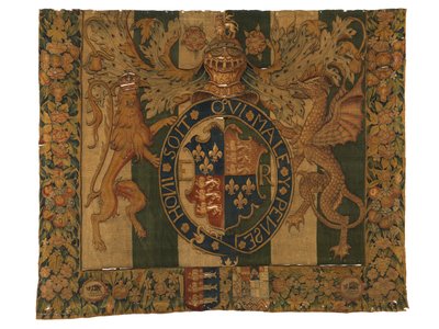 Gobelin z herbem królewskim Edwarda VI i herbem le Grysa, wykonany prawdopodobnie w Enghien, Flandria, Belgia, ok. 1547-53 (wełna) autorstwa Belgian School