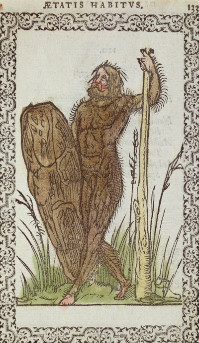 Dziki człowiek, ilustracja z Nawyki i portrety prawie wszystkich narodów i narodów współczesnych, Jean Sluperji, Antwerpia, 1572 (kolorowy drzeworyt) autorstwa Belgian School