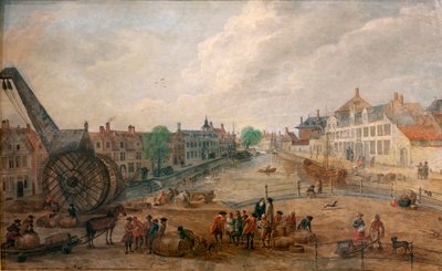 Widok Gandawy Lievekaai i Augustijnenkaai z drewnianym dźwigiem, kopia XVIII-wiecznego obrazu Engelberta van Siclersa autorstwa Belgian School