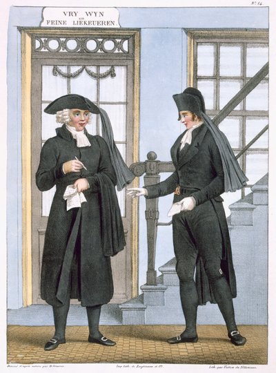 Urzędnicy pogrzebowi z Amsterdamu, ilustracja z „Kolekcji strojów północnych prowincji Królestwa Niderlandów…” rytowana przez Villeneuve, 1828 autorstwa Bendrik Greeven