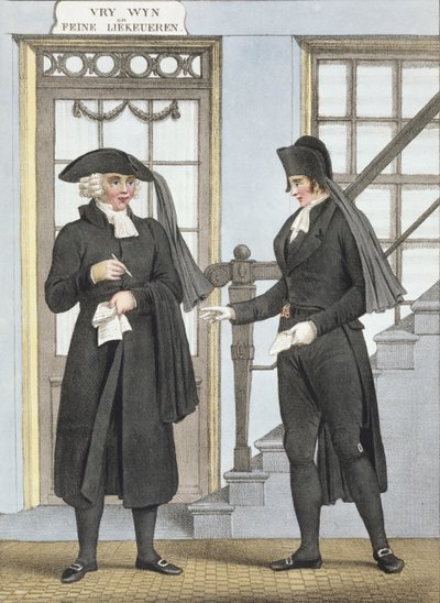 Urzędnicy pogrzebowi z Amsterdamu, ilustracja z "Collections des Costumes des Provinces Septentrionales du Royaume des Pays Bas...", wyryta przez Villeneuve, 1828 r. autorstwa Bendrik Greeven
