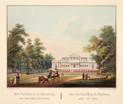 Pawilon w Harlemie, widziany od strony Lasu. Vue du Pavillon de Harlem, prise du Bois, 1825 (rycina ręcznie kolorowana) autorstwa Bendrik Greeven