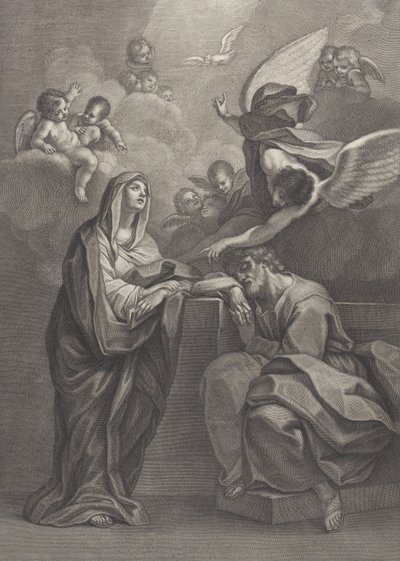 Ilustracja 6: Sen św. Józefa, z Matką Boską po lewej i aniołem powyżej, który wskazuje ..., 1777 autorstwa Benedetto Eredi