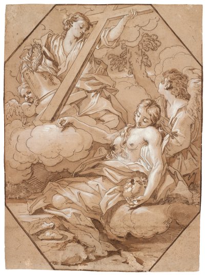 The Ecstasy of Saint Mary Magdalene, c.1715-19 (pióro i atrament z brązowym rozmyciem, podkreślone bielą, z ośmiokątnymi liniami brązowego atramentu na papierze wykładanym) autorstwa Benedetto Luti