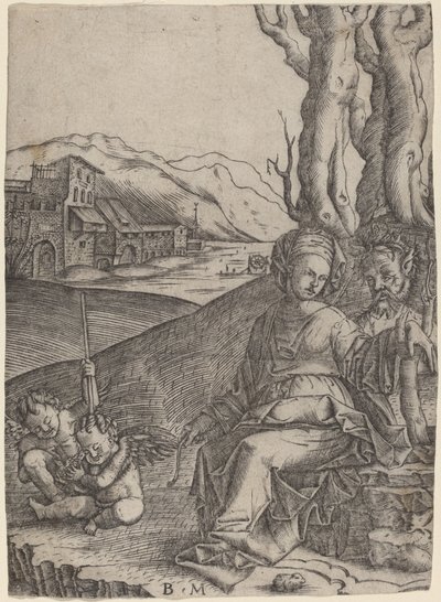 Kobieta i satyr z dwoma amorkami autorstwa Benedetto Montagna
