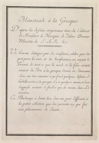 Grecka maskarada: Strona tytułowa, tabliczka 1, 1771. autorstwa Benigno Bossi