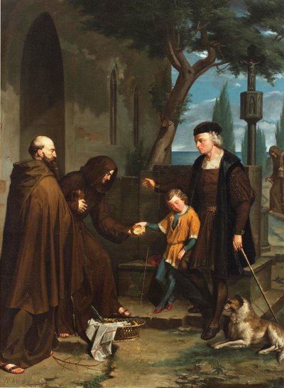 Kolumb przy drzwiach klasztoru Santa Maria de la Rabida prosząc o chleb i wodę dla swojego syna, 1858 autorstwa Benito Mercade y Fabregas