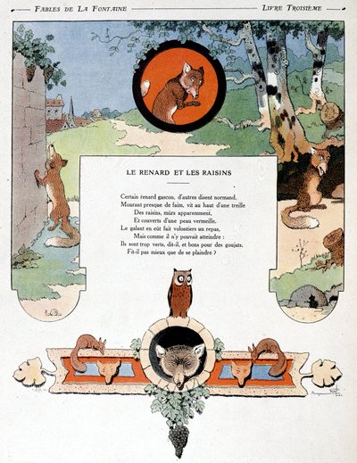 Lis i winogrona, ilustracja z „Bajek” Jeana de la Fontaine autorstwa Benjamin (after) Rabier
