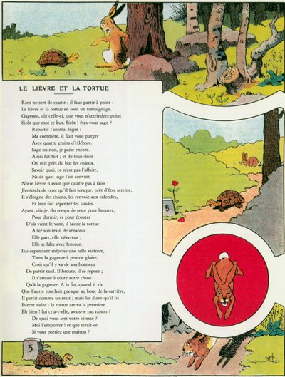 Zając i żółw, ilustracja z „Bajek” Jeana de la Fontaine autorstwa Benjamin (after) Rabier