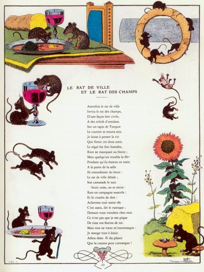 Mysz miejska i mysz wiejska, ilustracja z „Bajek” Jeana de la Fontaine autorstwa Benjamin (after) Rabier