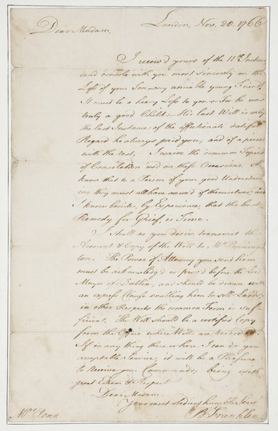 Autograf listu do pani Ann Penn, Londyn, 20 listopada 1766 (pióro i atrament na papierze) autorstwa Benjamin Franklin