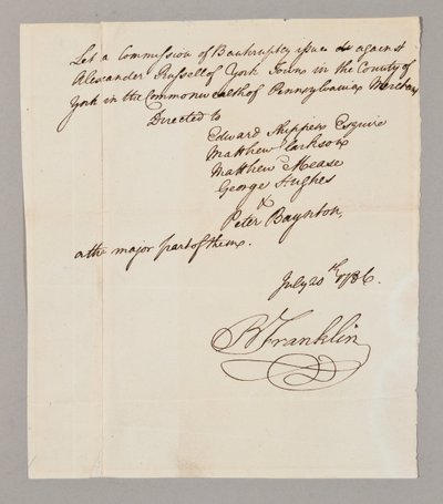 Komisja upadłościowa, 20 lipca 1786 (pióro i atrament na papierze) (patrz również 2561291-93) autorstwa Benjamin Franklin