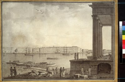 Widok na Pałac Zimowy i Giełdę Papierów Wartościowych w Sankt Petersburgu. Praca Benjamina Patersena (1748-1815), ołówek i tusz na papierze, ok. 1790. Sztuka szwedzka autorstwa Benjamin Patersson