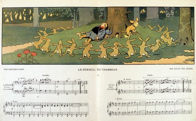 Króliki krążące wokół zaspanego myśliwego - w „Les images en musique” Jane Vieu, ilustracja Benjamin Rabier (1864-1939) autorstwa Benjamin Rabier