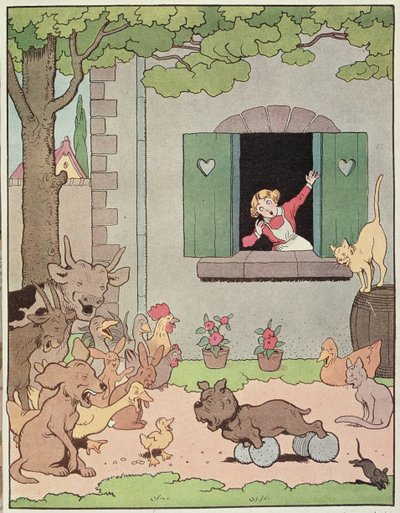 Zwierzęta gospodarskie cieszą się z zakłopotania Grognarda, ilustracja do „Placide et Gedeon” 1926 (kolor lito) autorstwa Benjamin Rabier