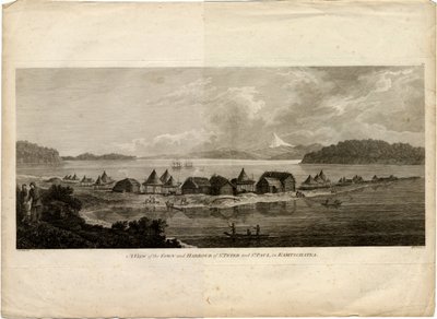 Widok na miasto i port Pietropawłowsk Kamczacki z rejsu na Ocean Spokojny, 1785 autorstwa Benjamin Thomas Pouncey