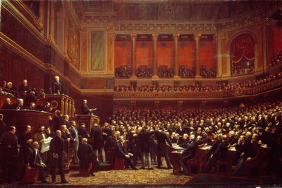 Louis Adolphe Thiers (1797-1877) ogłosił Wyzwoliciela Terytorium” na sesji Zgromadzenia Narodowego w Wersalu 16 czerwca autorstwa Benjamin Ulmann