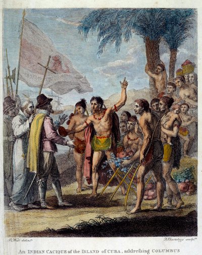 Indyjski kacyk z wyspy Kuba wita Krzysztofa Kolumba (1451-1506) oraz europejskich przedstawicieli wojskowych i duchownych, aby dyskutować o stworzeniu nowego państwa. Frontyspicjum „Historii cywilnej i handlowej brytyjskich kolonii W autorstwa Benjamin West