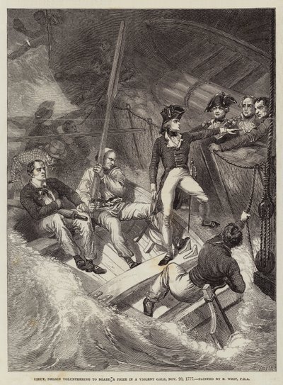 Porucznik Nelson zgłaszający się na ochotnika do zdobycia nagrody podczas gwałtownej wichury, 20 listopada 1777 r. autorstwa Benjamin West