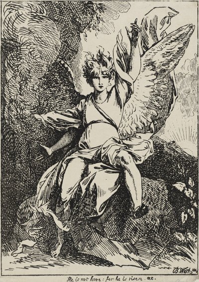Anioł Zmartwychwstania, 1801 (litografia piórkiem na papierze tkanym osadzona na oryginalnym tkanym arkuszu pomocniczym z szarobrązową akwatintą) autorstwa Benjamin West