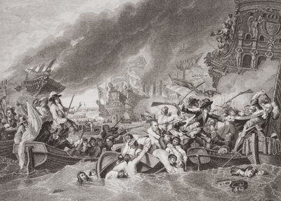 Bitwa pod La Hogue, zniszczenie floty francuskiej, 22 maja 1692, z „Ilustracji historii angielskiej i szkockiej” Tom II autorstwa Benjamin West