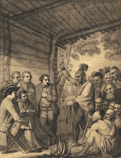 Indianie rozmawiają z pułkownikiem Bouquet na konferencji podczas pożaru Rady w pobliżu jego obozu nad brzegiem Muskingum w Ameryce, październik 1764, 1765 autorstwa Benjamin West