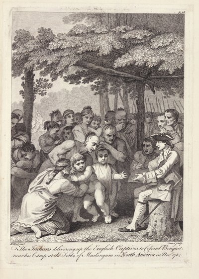 Indianie dostarczający angielskich jeńców pułkownikowi Bouquetowi w pobliżu jego obozu w Forks of Muskingham w Ameryce Północnej w listopadzie 1764 roku autorstwa Benjamin West