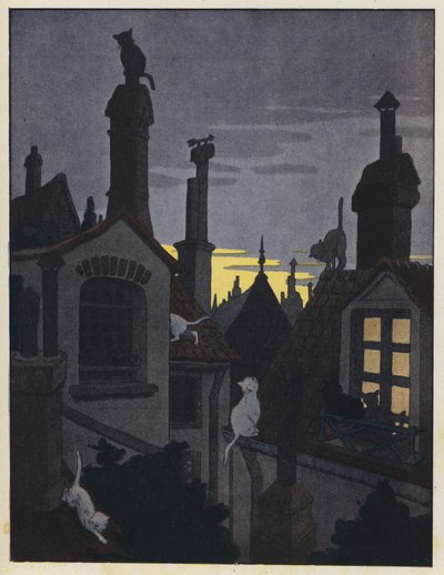 Koty na dachach nocą autorstwa Benjamin Rabier