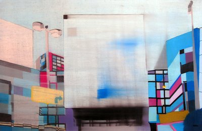 Downtown L.A. przez okno samochodu, 2003 (olej na 2 zestawionych płótnach) autorstwa Benoit Erwann Boucherot