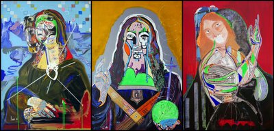 Tryptyk według Leonarda da Vinci, 2019 (olej, papier i akryl na 3 zestawionych płótnach) autorstwa Benoit Erwann Boucherot