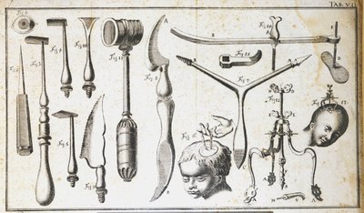 Deska chirurgiczna reprezentująca różne rodzaje narzędzi chirurgicznych, młotek, przegrzebek, noże, do usuwania mózgu. Grawerowanie Benoit Louis Prevost (1735-1809) XVIII wiek autorstwa Benoit Louis Prevost