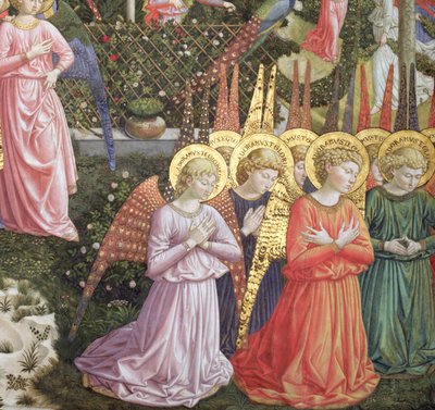Anioły w niebiańskim krajobrazie, lewa ściana absydy, z cyklu Podróż Trzech Króli w kaplicy ok. 1460 (detal z 70610) autorstwa Benozzo di Lese di Sandro Gozzoli