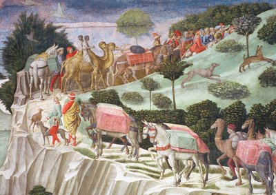 Karawana jucznych zwierząt wspinających się na wzgórze, fragment z cyklu Podróż Trzech Króli w kaplicy, ok. 1460, fragment fresku z 70601 autorstwa Benozzo di Lese di Sandro Gozzoli