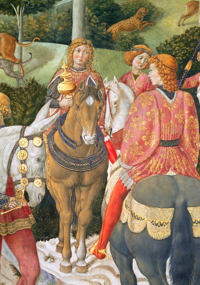Jeźdźcy w orszaku królewskim, fragment z cyklu Podróż Trzech Króli w kaplicy, ok. 1460, fragment fresku z 70601 autorstwa Benozzo di Lese di Sandro Gozzoli