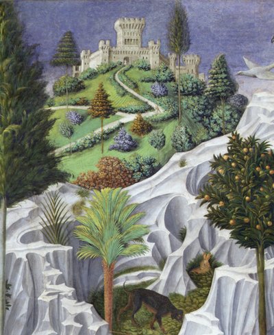 Krajobraz z zamkiem, fragment z Procesji Króla Trzech Króli do Betlejem autorstwa Benozzo di Lese di Sandro Gozzoli