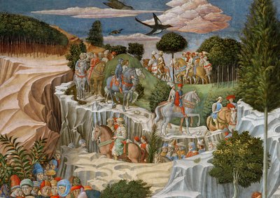 Procesja na koniu schodząca ze wzgórza, fragment z cyklu Podróż Trzech Króli w kaplicy, ok. 1460, fragment fresku z 70619 autorstwa Benozzo di Lese di Sandro Gozzoli