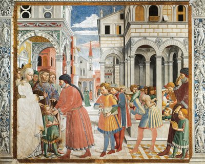سینټ اګسټین د خپل مور او پلار لخوا په تاګاسټ کې د ګرامر ښوونکي ته د بینزو ګوزولي (1420-1497) لخوا لیږدول شوی، فریسکو، د سینټ اګسټین کلیسا، سان ګیمګنانو (د یونیسکو نړیوال میراث لیستپولي) autorstwa Benozzo di Lese di Sandro Gozzoli