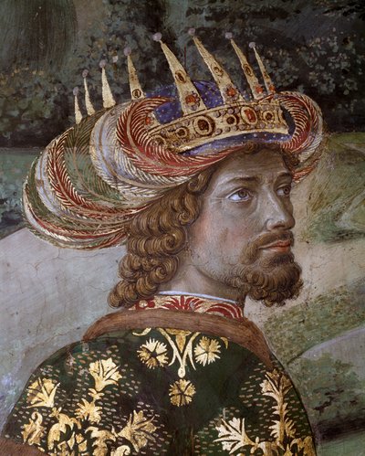 Podróż Magów Orszak Trzech Króli z Jerozolimy do Betlejem wzywa po włosku „Viaggio dei Magi” lub „Cavalcata dei Magi” Szczegół Balthasara pod rysami Jana VIII Paleologa, Cesarza Bizantyjskiego (Jan VII Palaiologos (lub Paleolog)) Fresk autorstwa Benozzo di Lese di Sandro Gozzoli