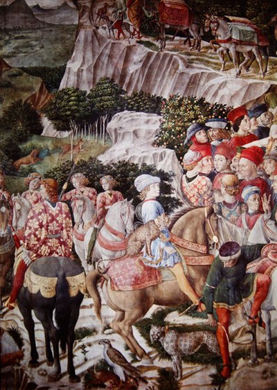 Procesja Trzech Króli, fragment Rycerza z lampartem w Procesji Melchiora, ok. 1460 (detal z 70601) autorstwa Benozzo di Lese di Sandro Gozzoli