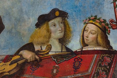 Pan trzymający instrument muzyczny i dżentelmen, detal, sklepienie Sali Skarbów (fresk) (detal z 3707463) autorstwa Benvenuto Tisi da Garofalo