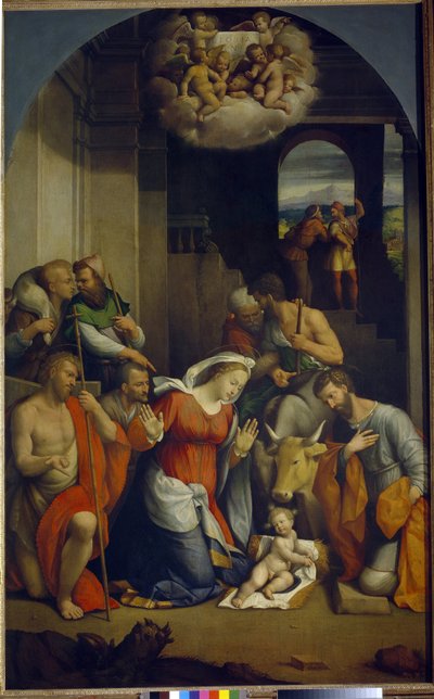 Adoracja Dzieciątka Jezus (Adoracja pasterzy). (Adoracja Dzieciątka Jezus). Obraz Benvenuto Tisi Da Garofalo (1481-1559), olej na płótnie autorstwa Benvenuto Tisi da Garofalo