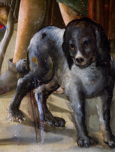 Pies, detal z obrazu Narodzenie Jezusa, ok. 1470, malarstwo Benvenuto di Giovanni, tempera na płycie autorstwa Benvenuto di Giovanni