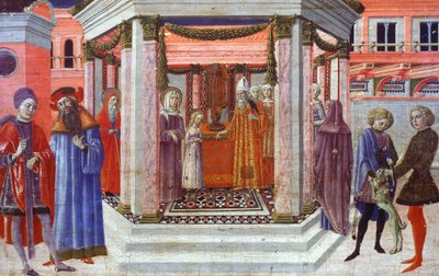Ofiarowanie Marii w świątyni, fragment predelli autorstwa Benvenuto di Giovanni (1436-1518) autorstwa Benvenuto di Giovanni