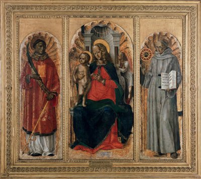 Tryptyk, Dziewica z Dzieciątkiem ze św. Leonardem (lub Szczepanem) i św. Bernardynem ze Sieny (olej na desce) autorstwa Bernadino Jacobi Butinone
