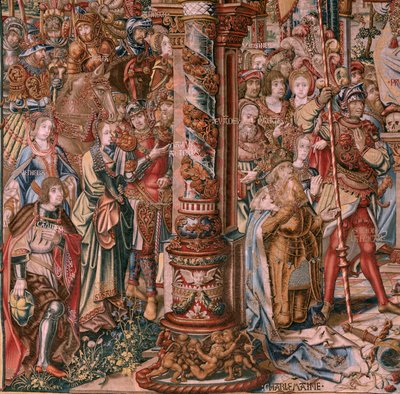 Flamandzki gobelin. Seria Honory. Wiara (La Fe). Pierwszy gobelin z serii. Wzorcowi rysownicy z kręgu Bernarda van Orleya i Jana Gossaerta (Mabuse). Manufaktura Pieter van Aelst, Bruksela. Około 1550. Tkanina Złoto, srebro, jedwab i wełna. autorstwa Bernaert van (circle of) Orley